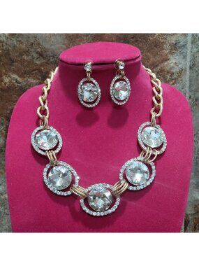 Gold Clear Crystal Statement Necklace Earrings Set Chunky Collar Rhinestone Jewe